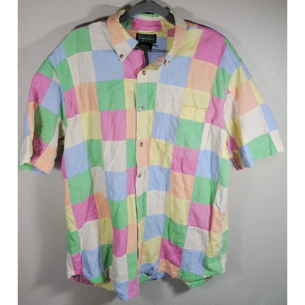 Scandia Woods Y2K Patchwork Button Down Shirt Men's‎ Large Pastel Cotton